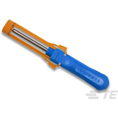 A blue and orange hand tool with metal rods, possibly a connector unlocking tool.