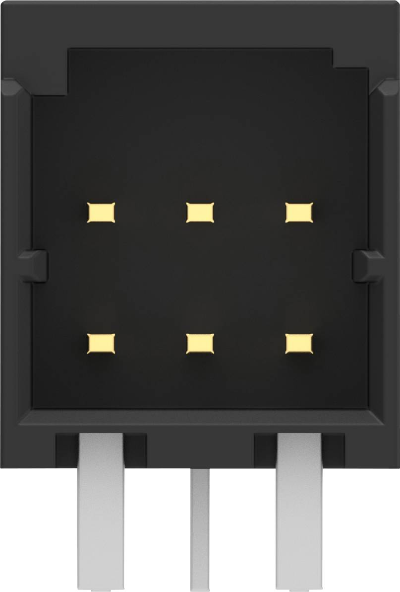 Black and grey electrical connector with six yellow contacts and three silver pins at the bottom.