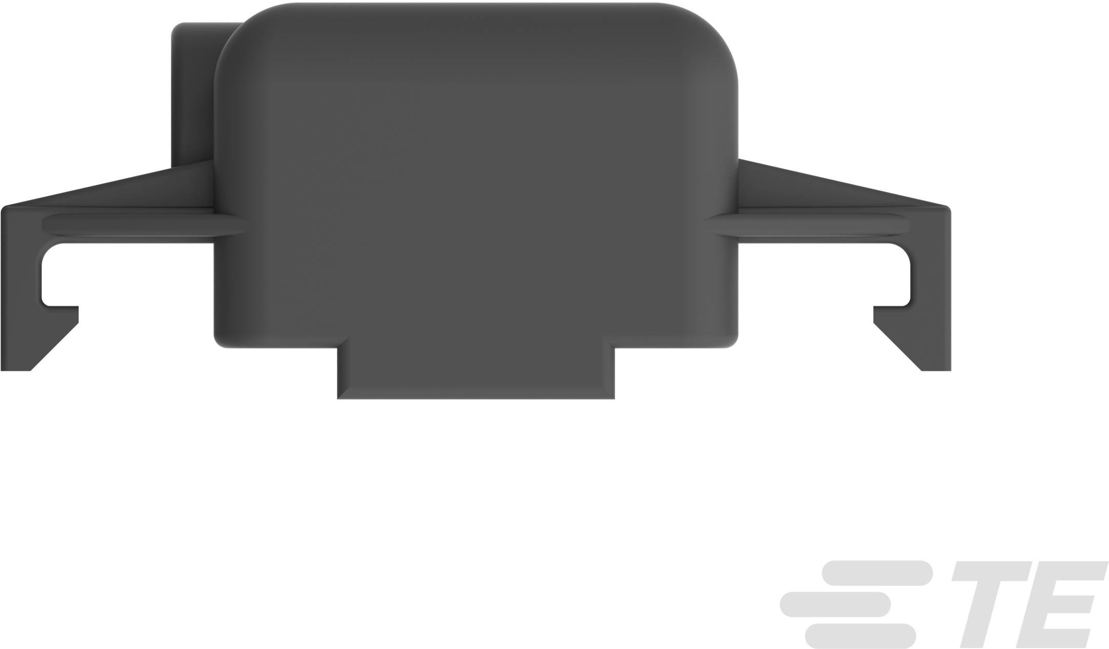 Black, U-shaped plastic cap, open on the side, with TE logo in the bottom right corner. Component of an electrical plug system.