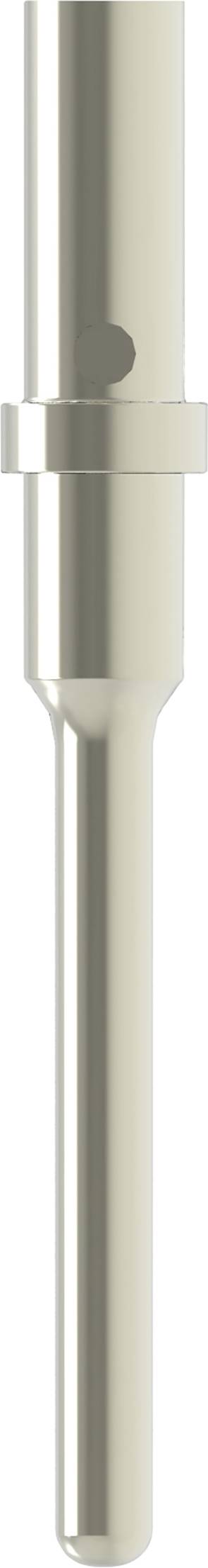 A metallic, elongated stainless steel rod, comprising a narrower and a broader section, connected by a ring.