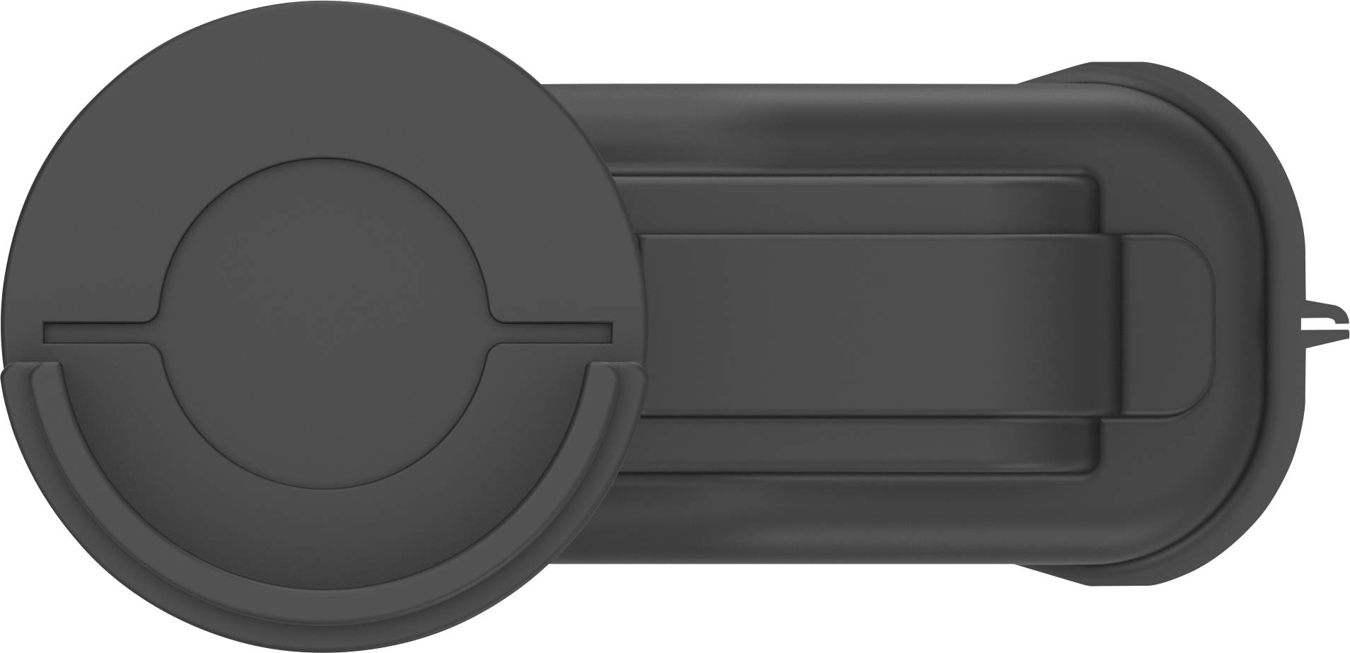 Black, round plastic object with a folding mechanism. Possibly a closure or cover.