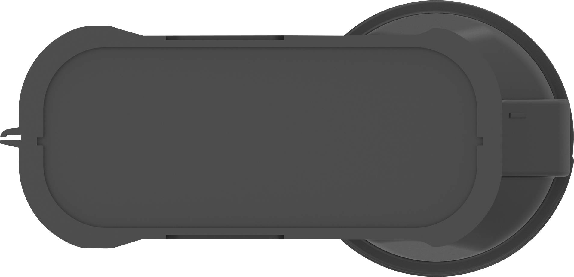 Grey, oval door handle viewed from above.