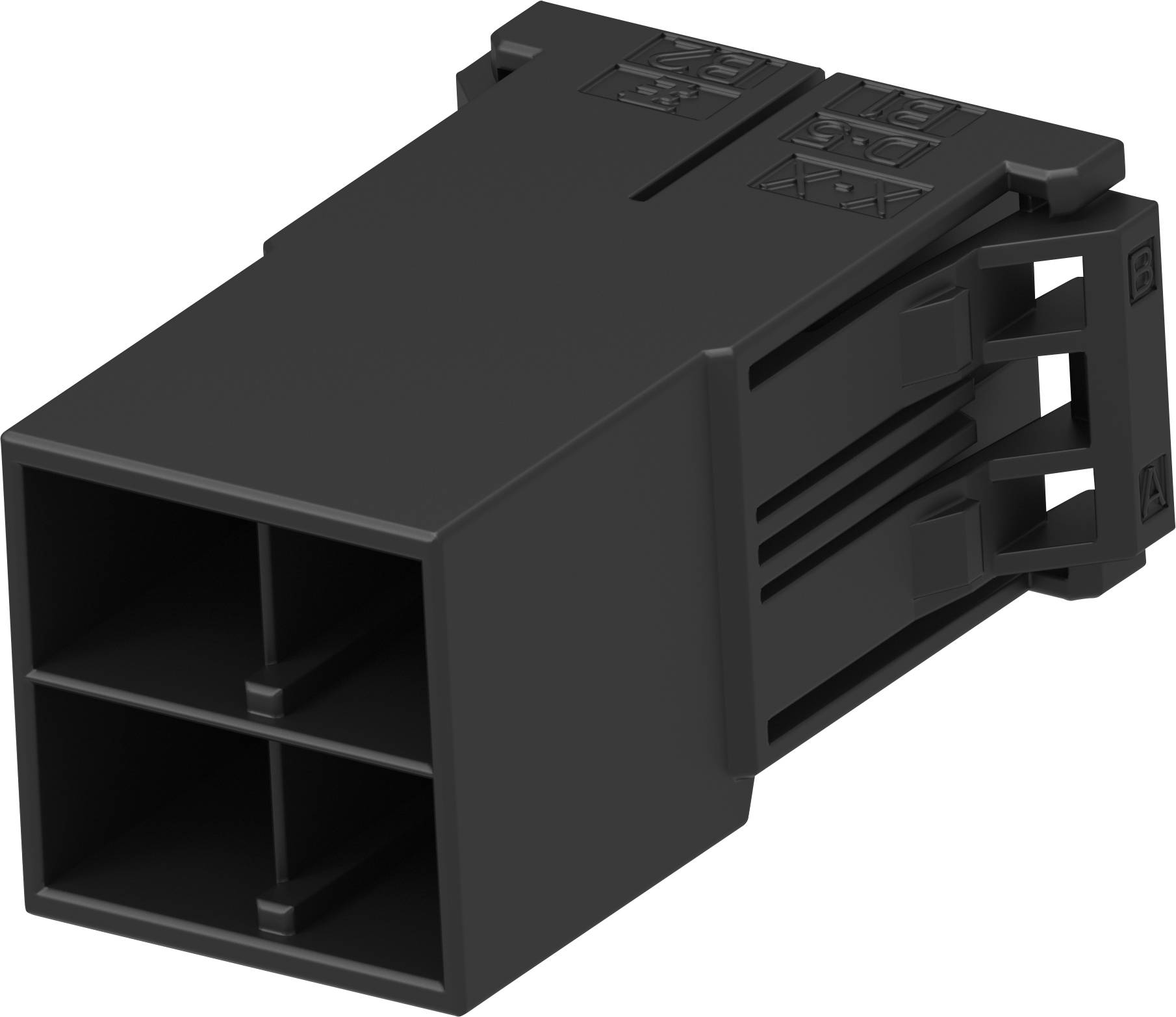 Black plastic plug with four chambers and side mounting clips, used for electrical connections in devices.