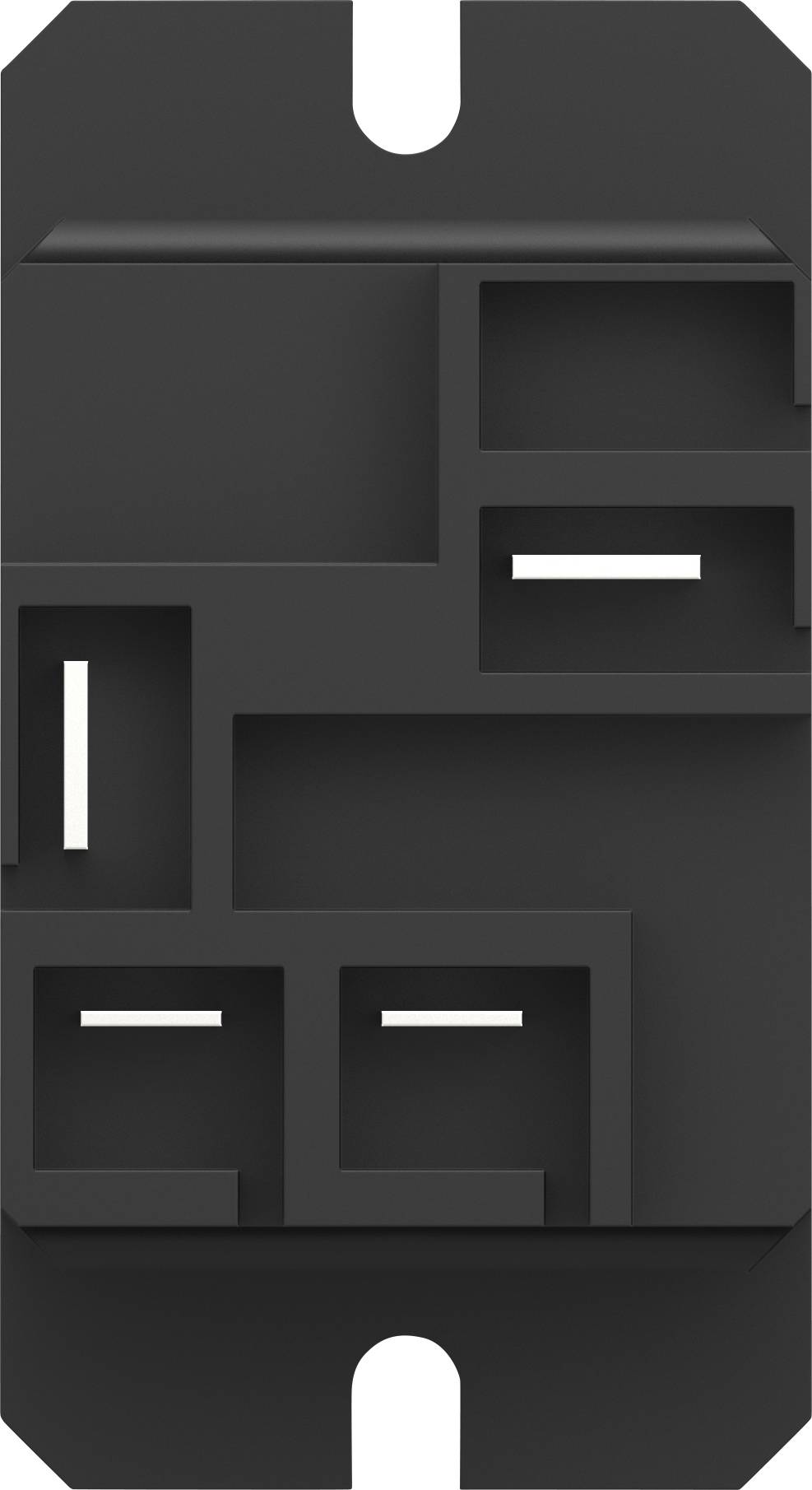 A black abstract design with multiple rectangular cut-outs in various sizes, resembling a stylised map.