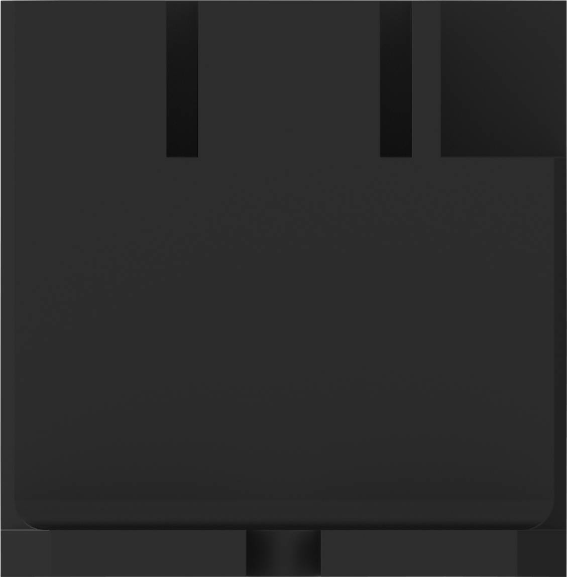 A black, square object with two vertical notches and a lower cylindrical protrusion in the centre.