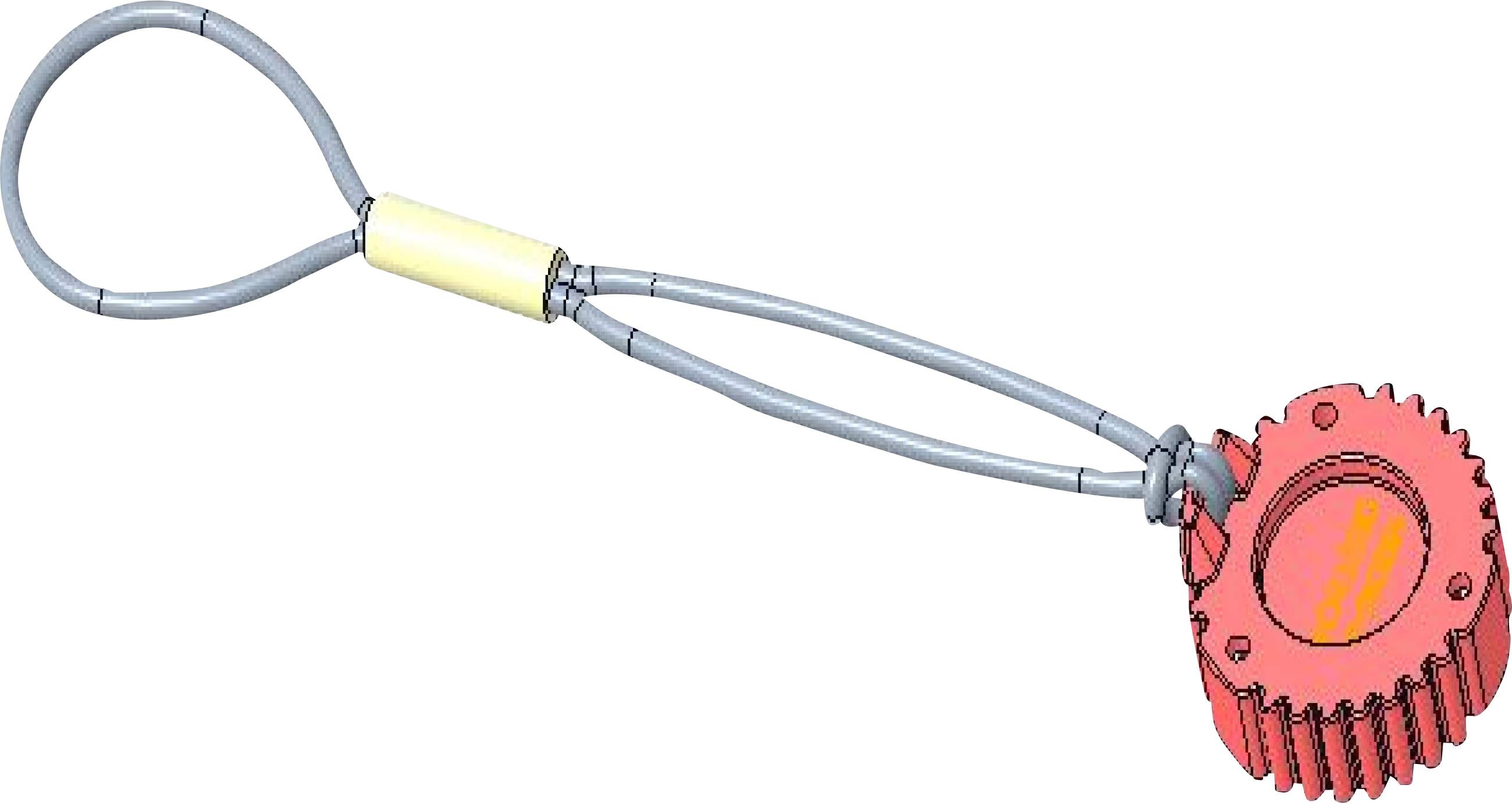 Image of a red gear wheel connected to a looped mechanism. The mechanism could be used for securing or adjustment purposes.