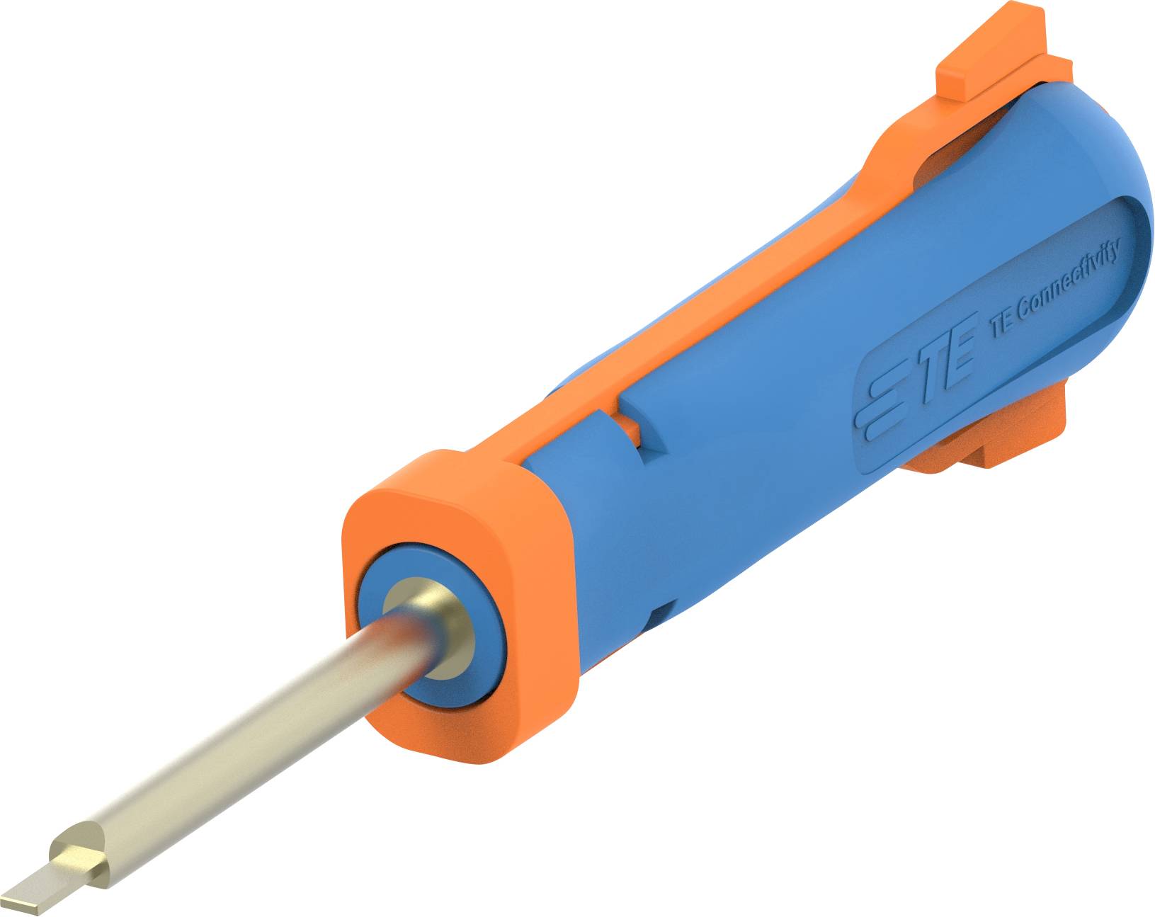 Blue and orange screwdriver by TE Connectivity, with a flat screwdriver head and ergonomic handle.