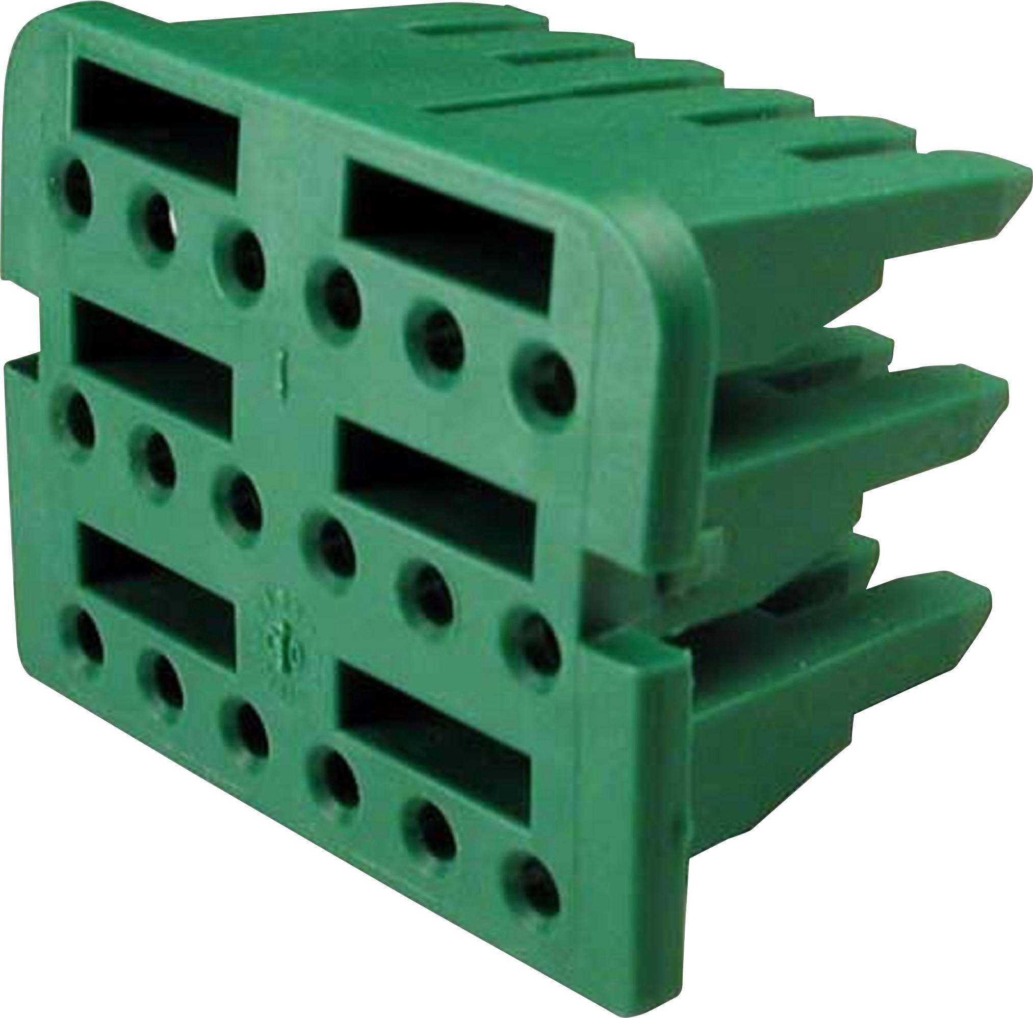 Green electrical connector module with multiple connection openings, designed for industrial control applications.