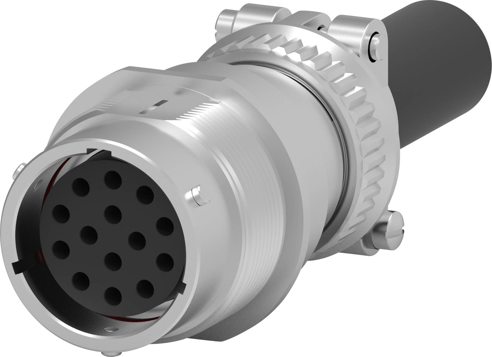 An industrial connector with multiple metal pins in a cylindrical housing, used for electrical connections.