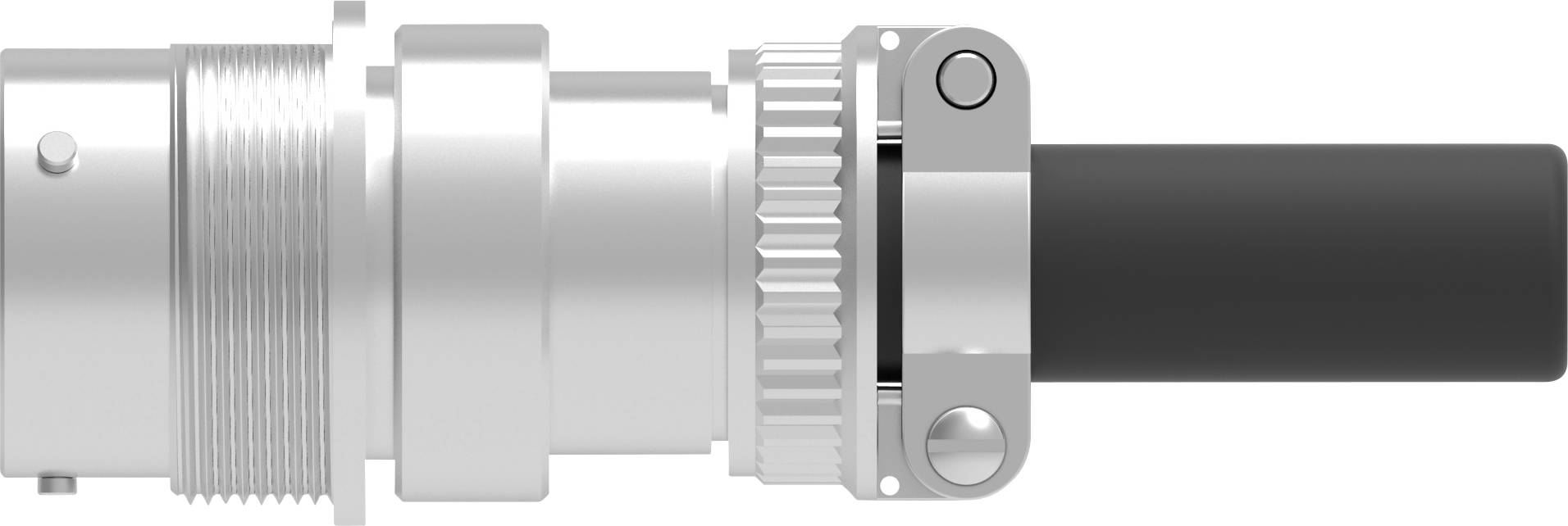 Silver industrial plug shown from the side. Details such as screw thread, wiring, and metal sleeve visible.