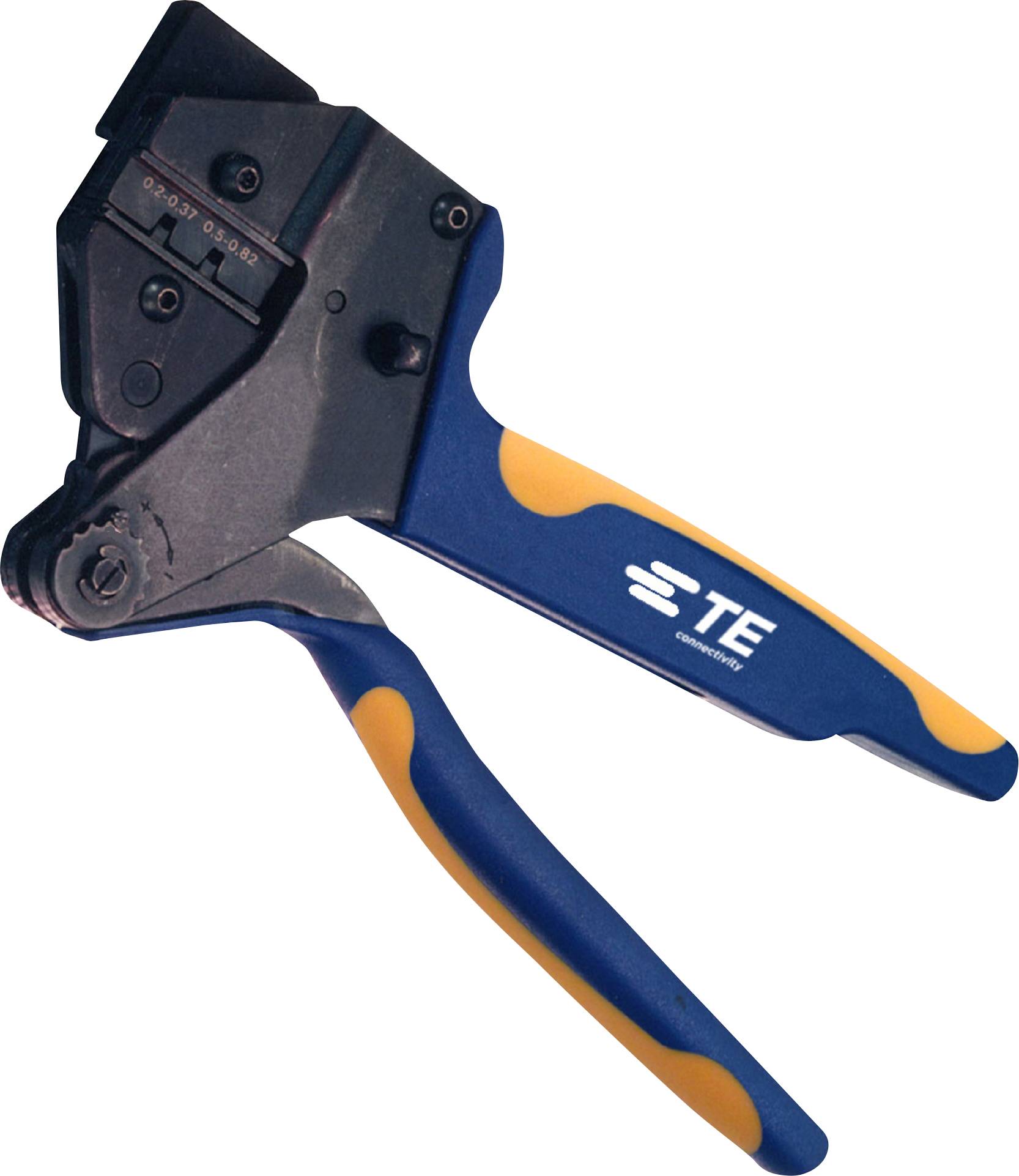 A blue and yellow crimping pliers by TE Connectivity for securing contacts to cables.