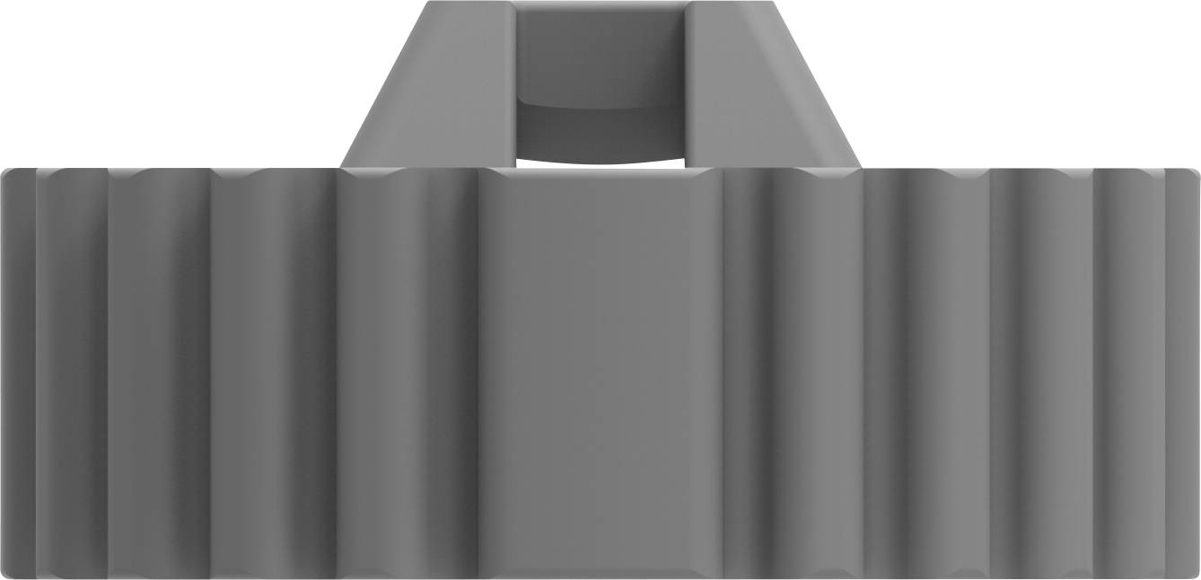 Grey, ribbed plastic blanking plug, rectangular shape, with a small opening at the top. Suitable for pipes or similar applications.