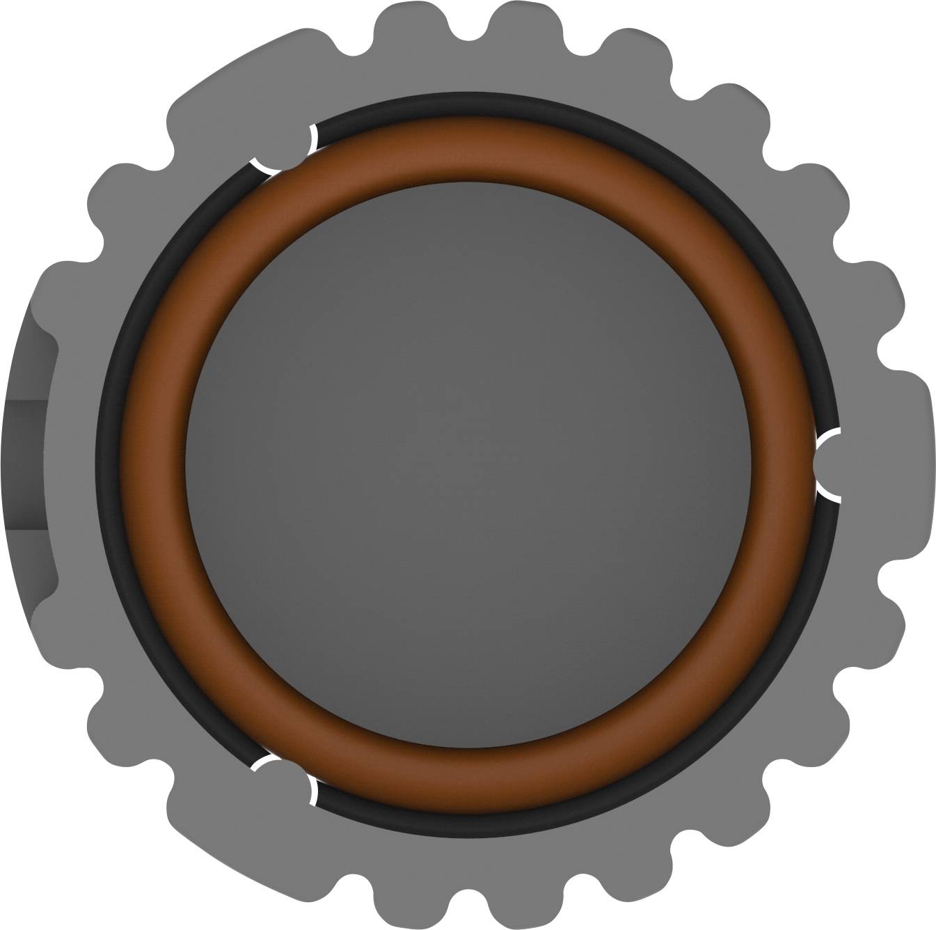 A top-down view of a grey bottle with a red rubber ring.