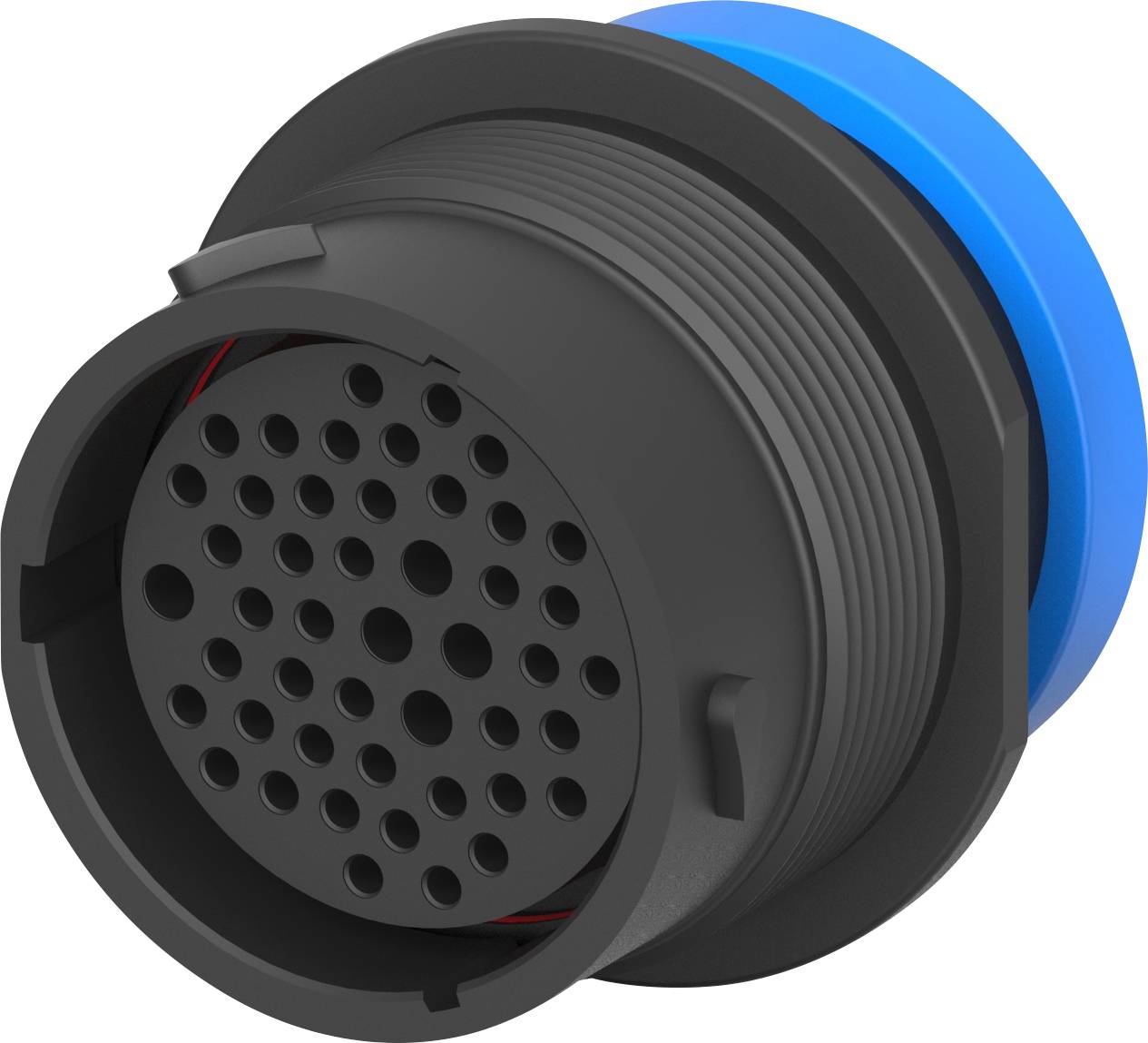 A round, black connector housing with multiple pin connections and a blue end piece, used for electrical connections.