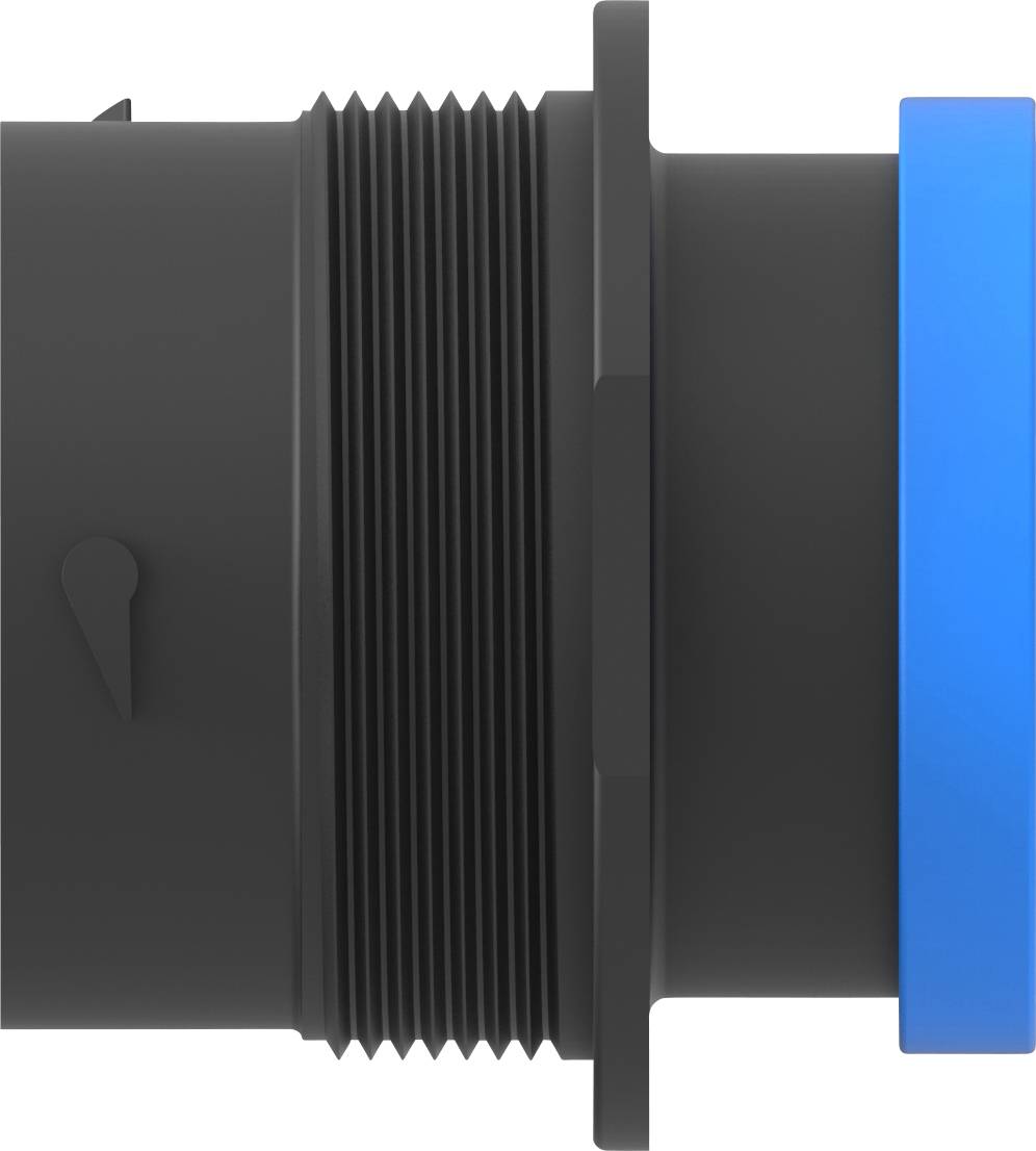Cylindrical black component with a blue edge on the right, screw thread in the middle. Likely a connecting element.