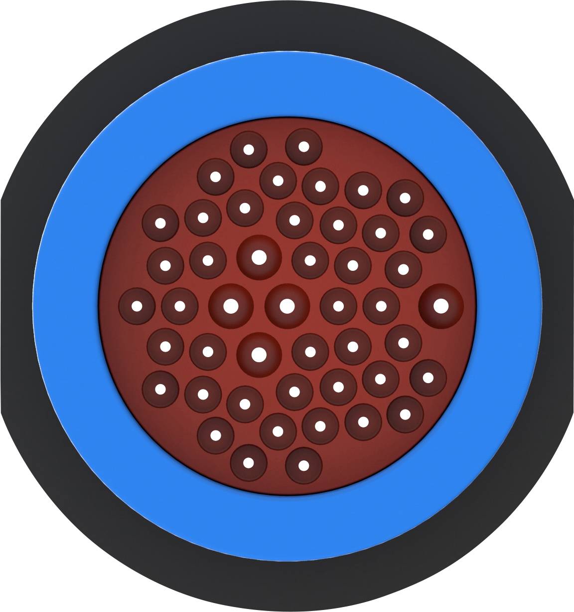 A cross-section of a cable with multiple red cores surrounded by blue and black layers, showcasing the design of a complex cable construction.