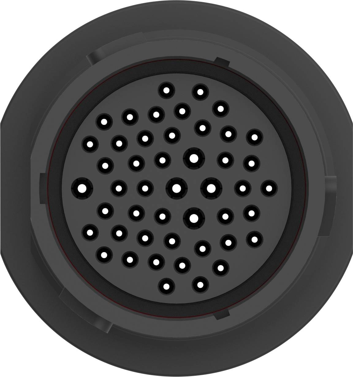 A round, black, perforated insert with multiple small holes of various sizes, evenly distributed.
