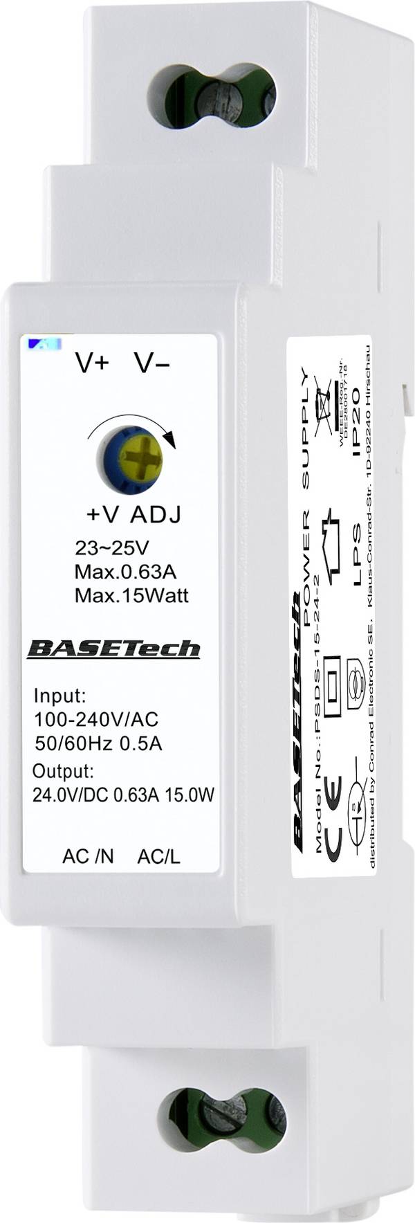 Basetech BT-2250248 Rail mounted PSU (DIN)  24 V 0.63 A 15 W No. of outputs:1 x  Content 1 pc(s)