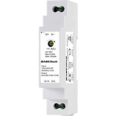 A rectangular power supply with labels: '23-25V', 'Max. 0.63A', 'Max. 15W'. Input range: '100-240V/AC', '50/60Hz 0.5A'.