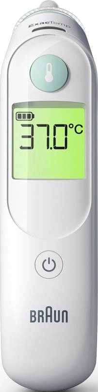 White digital forehead thermometer displaying 37.0°C in large numbers on a green display. A temperature measurement symbol at the top. Brand name at the bottom.