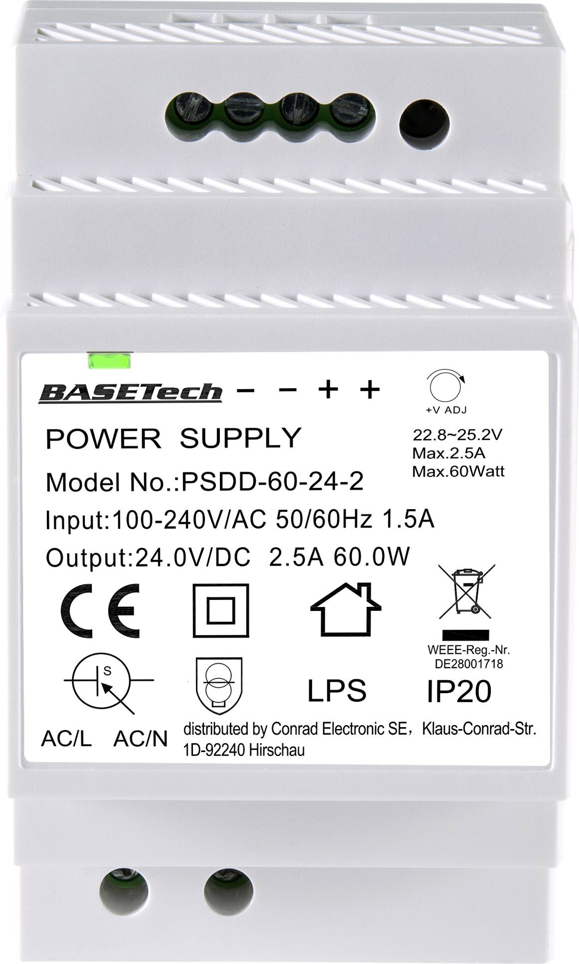 'BASETech POWER SUPPLY' displays the model number, input and output parameters, safety symbols, and manufacturer details.
