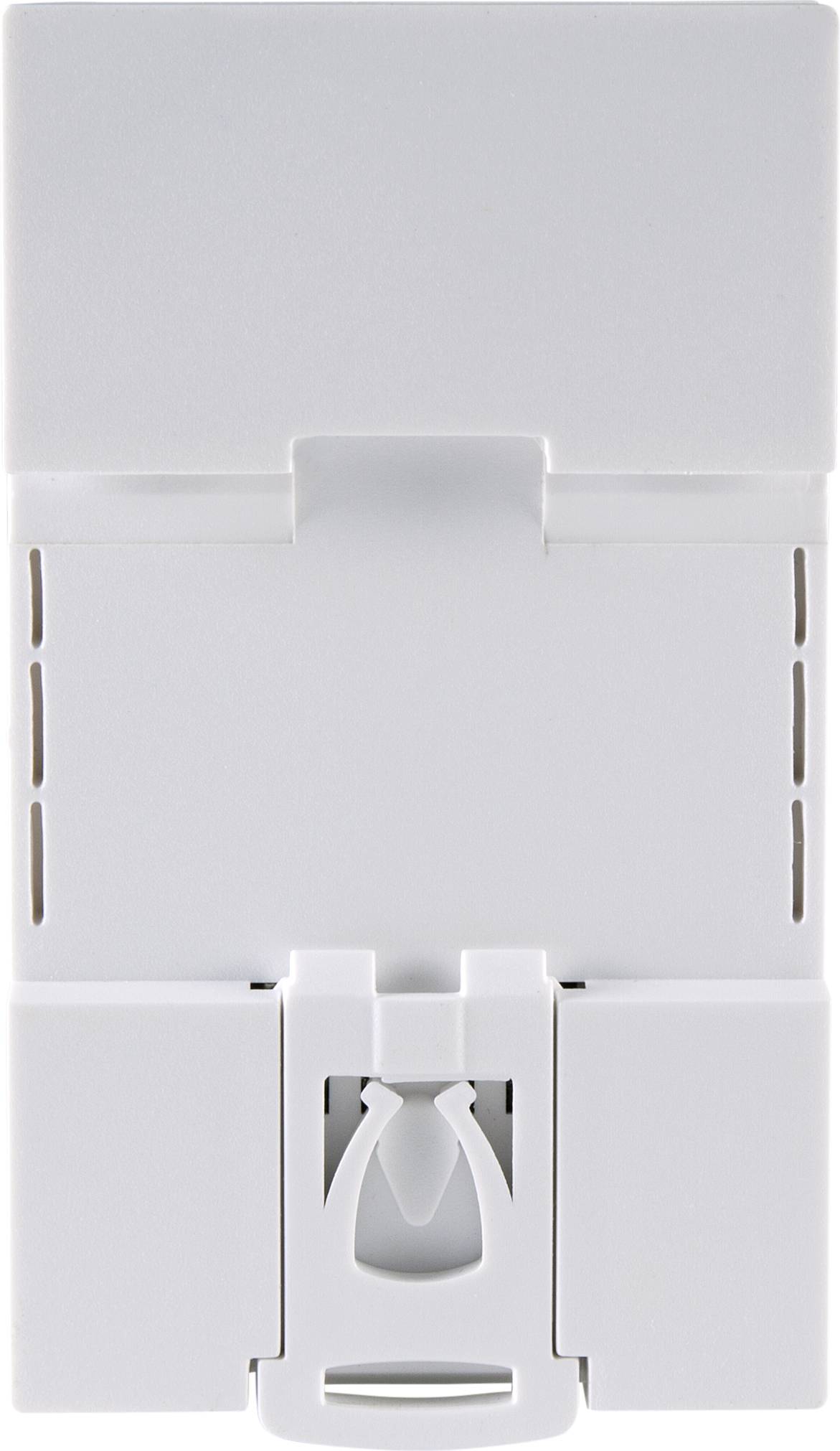A white, rectangular electrical component with a mounting rail, front view.