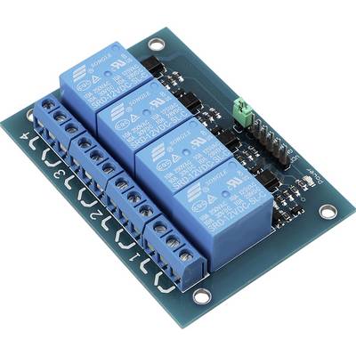 Electronic circuit board with blue relay modules for electrical control, with a total of four relays and connection terminals.