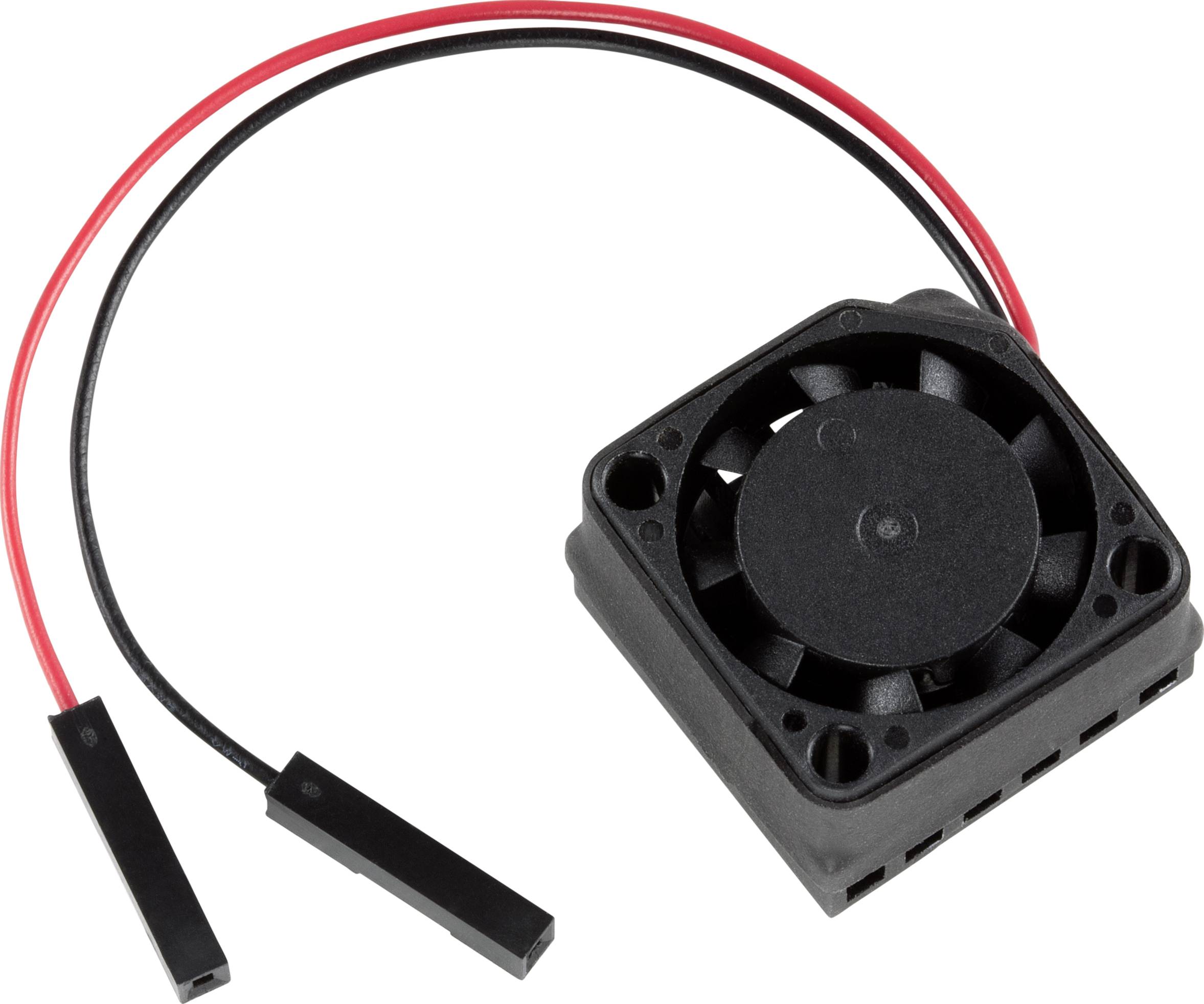 'Small black fan with red and black connecting cables.'