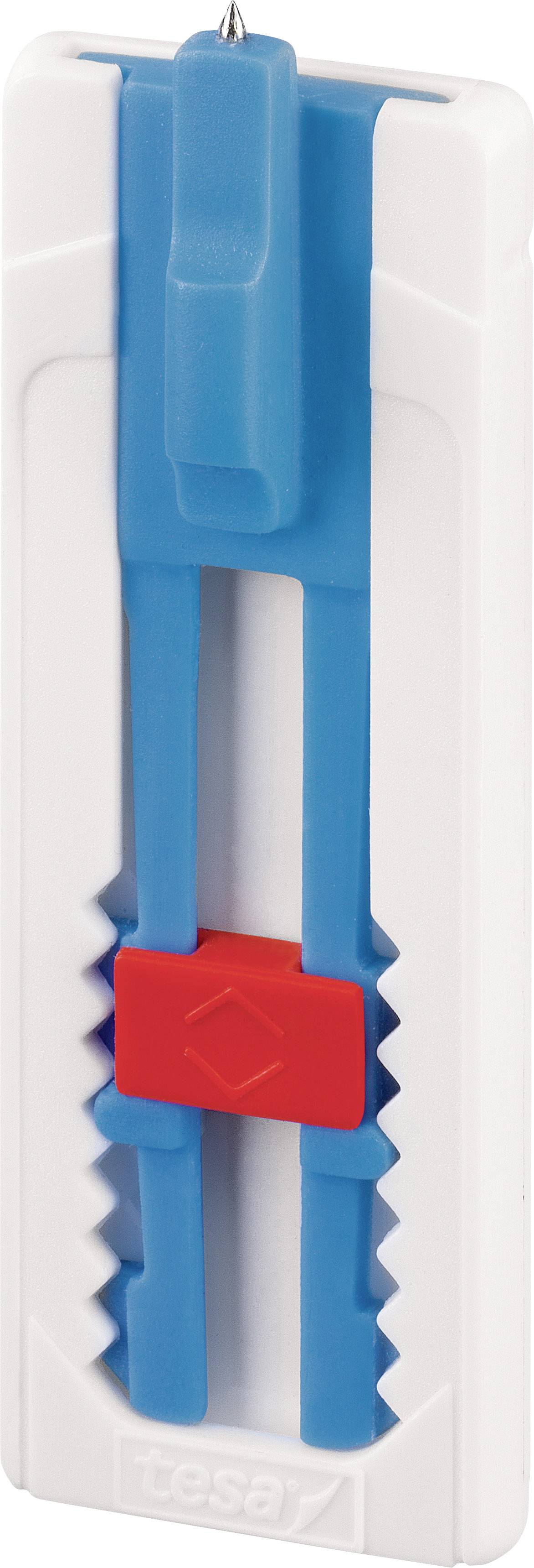 White plastic device with blue elements and a red slider, used for adjusting or securing objects to smooth surfaces.