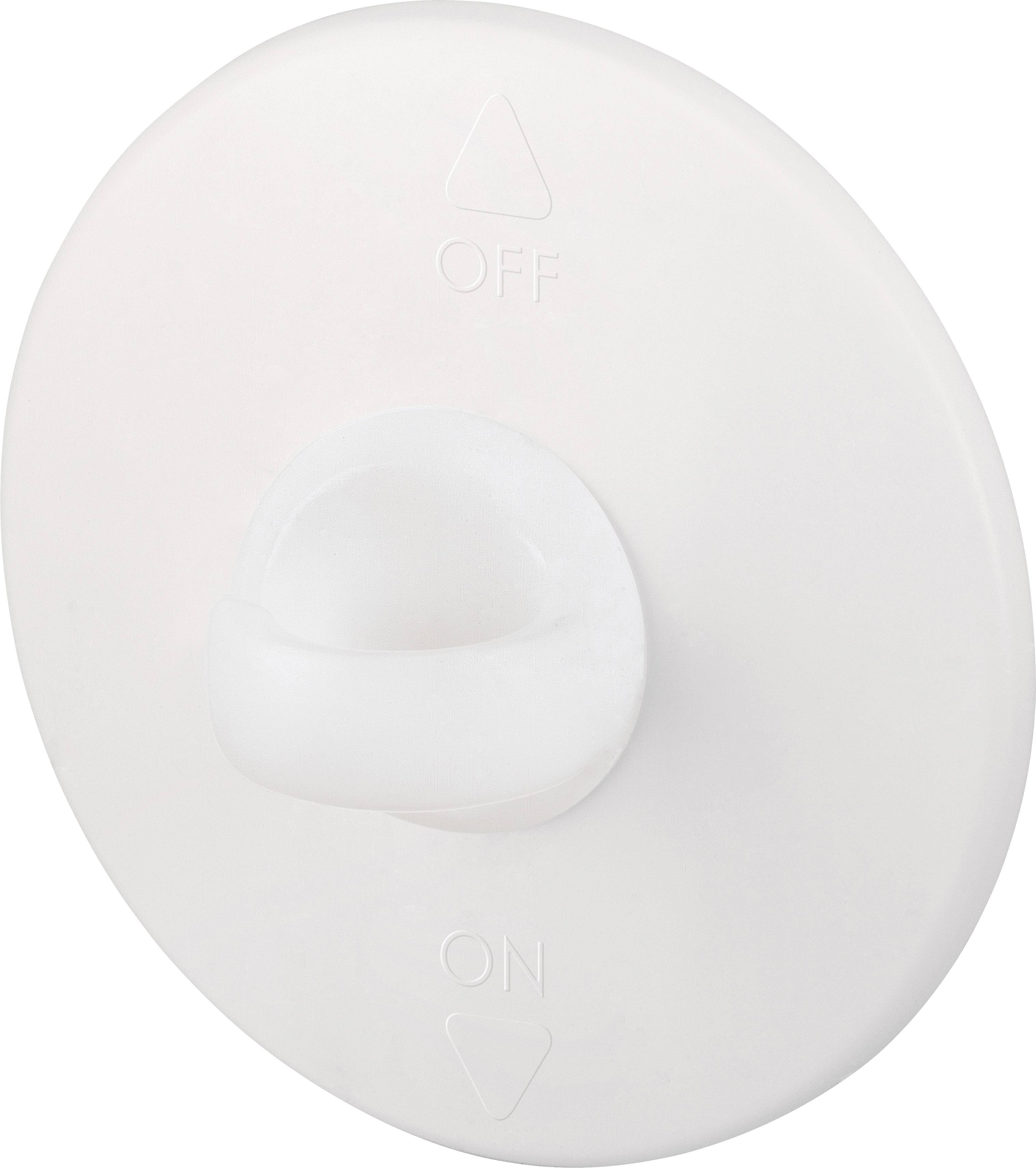 A round, white rotary switch with 'OFF' marked at the top and 'ON' at the bottom.