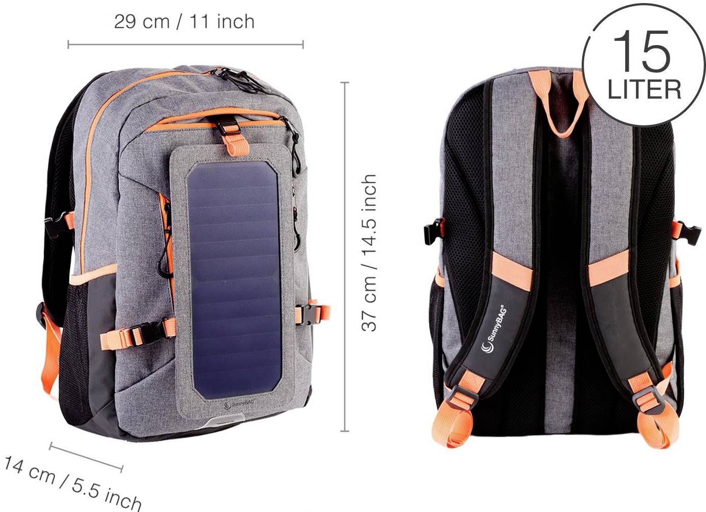 SunnyBag Solar backpack Explorer+ 15 l (W x H x D) 290 x 370 x 140 mm Grey, Orange 135F_01-7