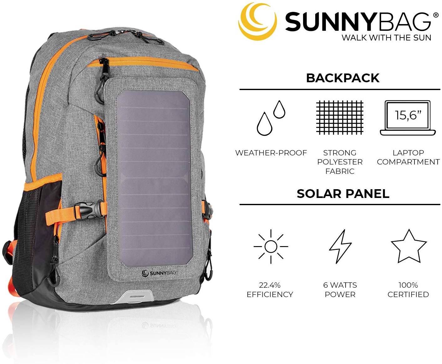 SunnyBag Solar backpack Explorer+ 15 l (W x H x D) 290 x 370 x 140 mm Grey, Orange 135F_01-8