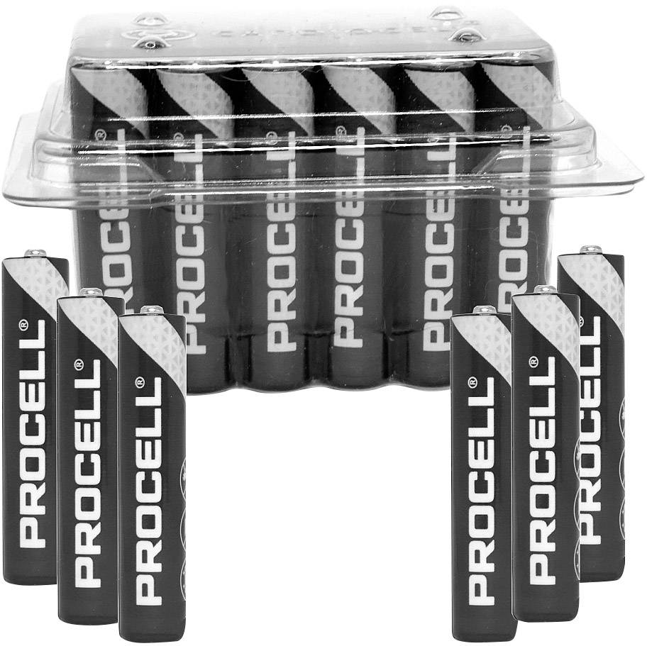 Several Procell AA batteries are shown standing and in a plastic packaging.