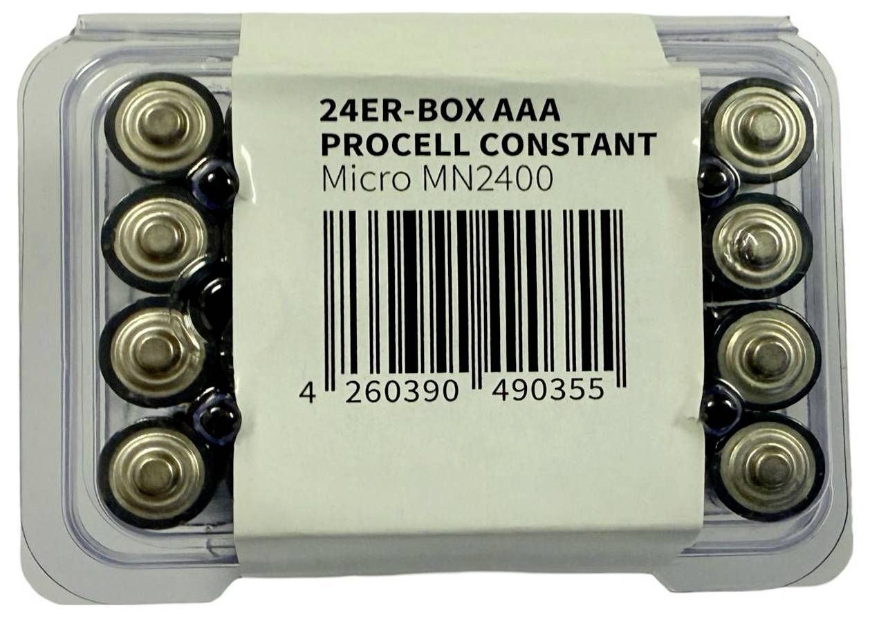 24-pack AAA batteries, Procell Constant Micro MN2400 type, with barcode on packaging.