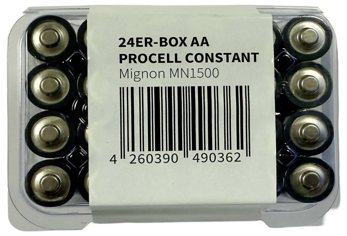 Packaging containing 24 AA batteries, brand 'Procell Constant', model Mignon MN1500, displaying a barcode on a white label.