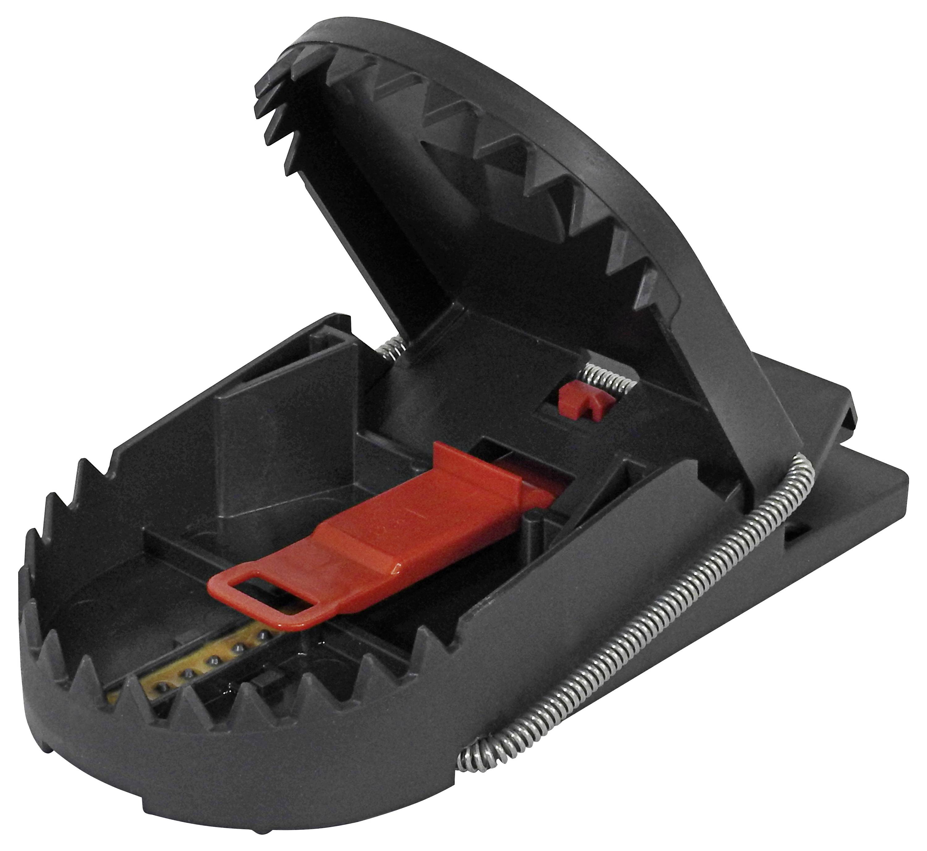 A black plastic snap trap with jagged edges and a red lever is open, ready to catch rodents.