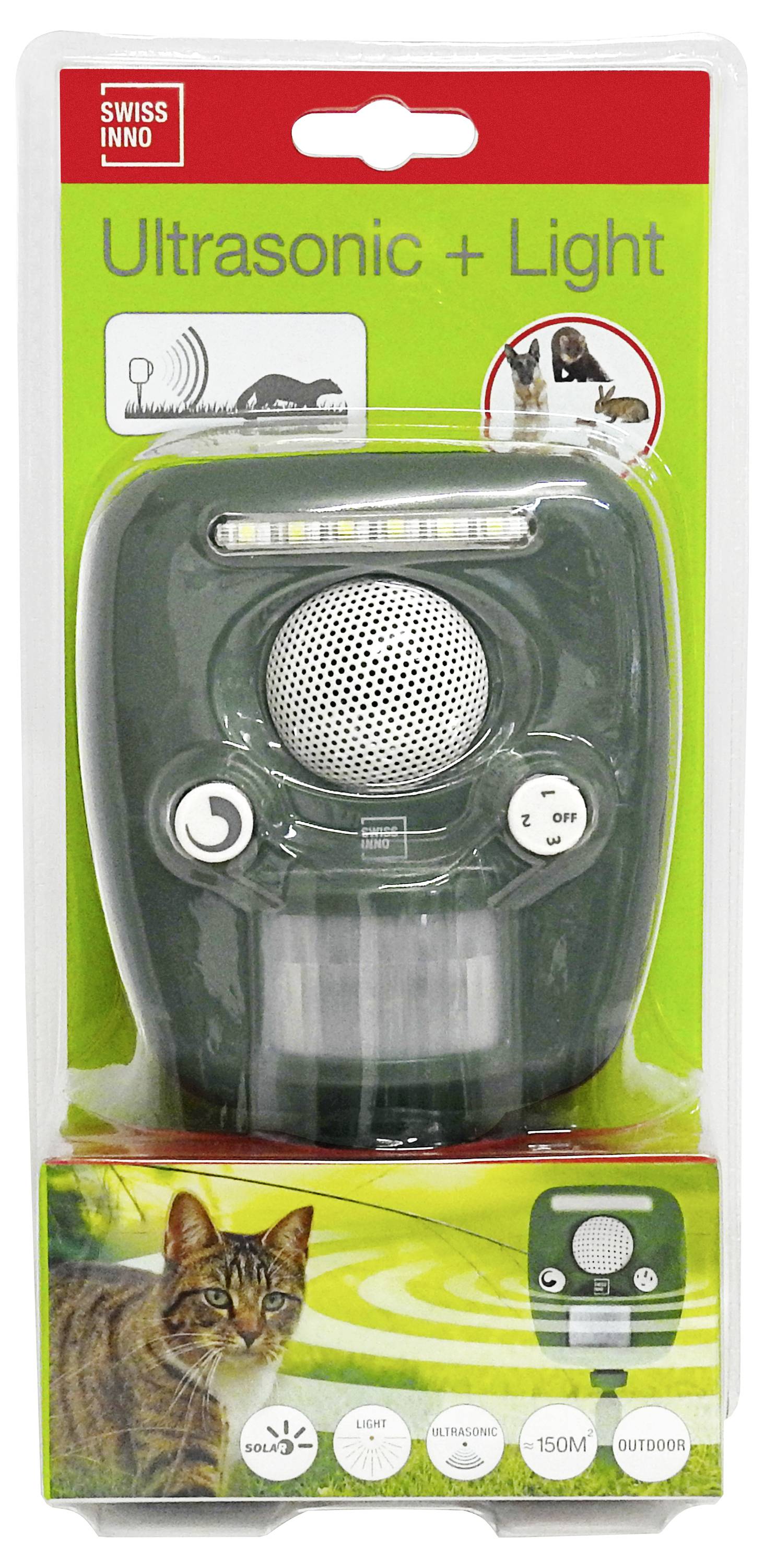 Packaging of a pest repeller device featuring 'Ultrasonic + Light' technology, showing a speaker, buttons, and a sensor. Includes a cat image and garden use depiction.