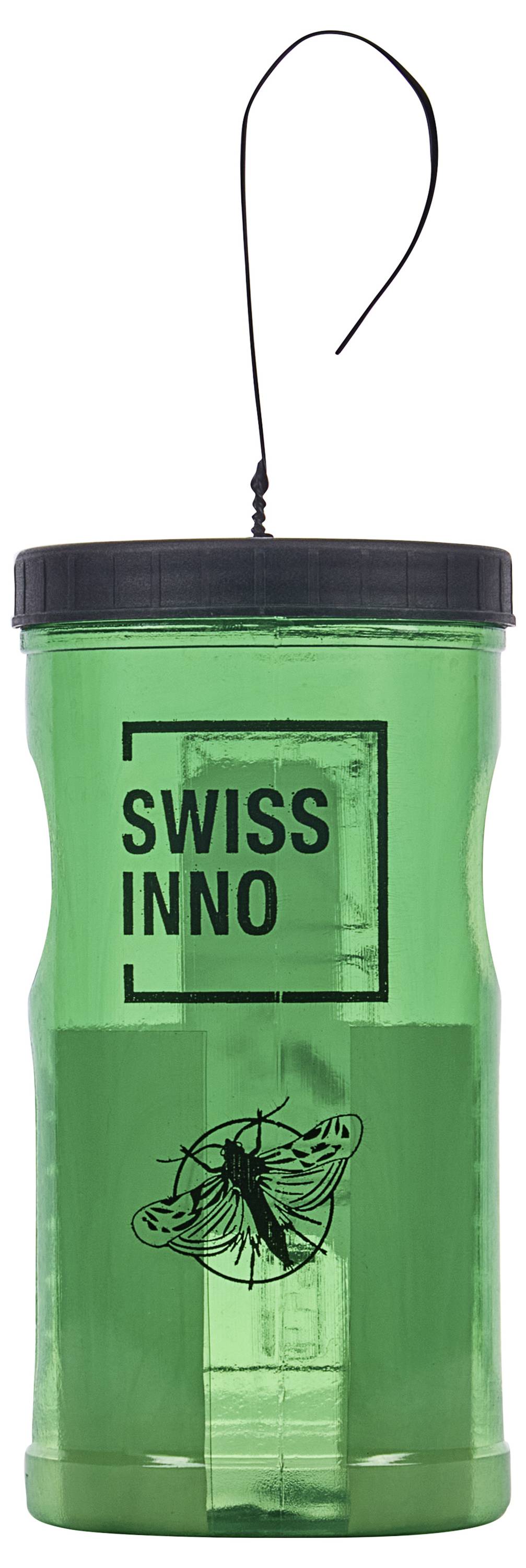 Green insect trap with a black lid, branded 'Swiss Inno.' Features a wire loop for hanging and a printed insect illustration on the front.