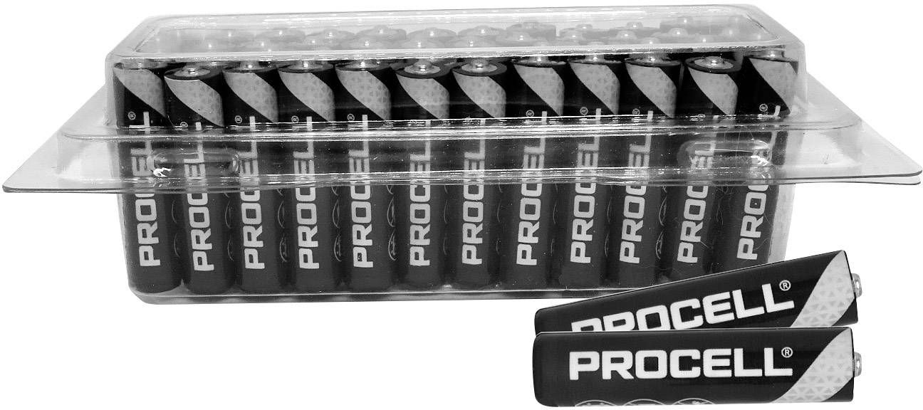 A pack of AA batteries from the 'Procell' brand, stacked in two rows. One battery is positioned separately in front of the pack.