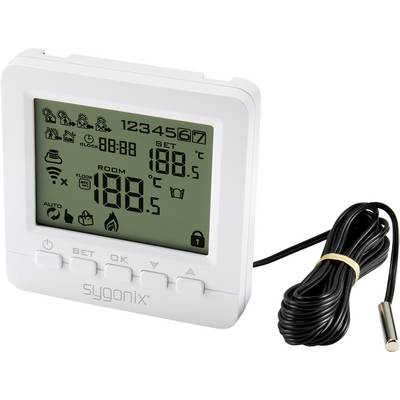 Digital thermostat with large LCD display, showing time, temperature, heating and schedule settings. To the right, a temperature sensor with cable.
