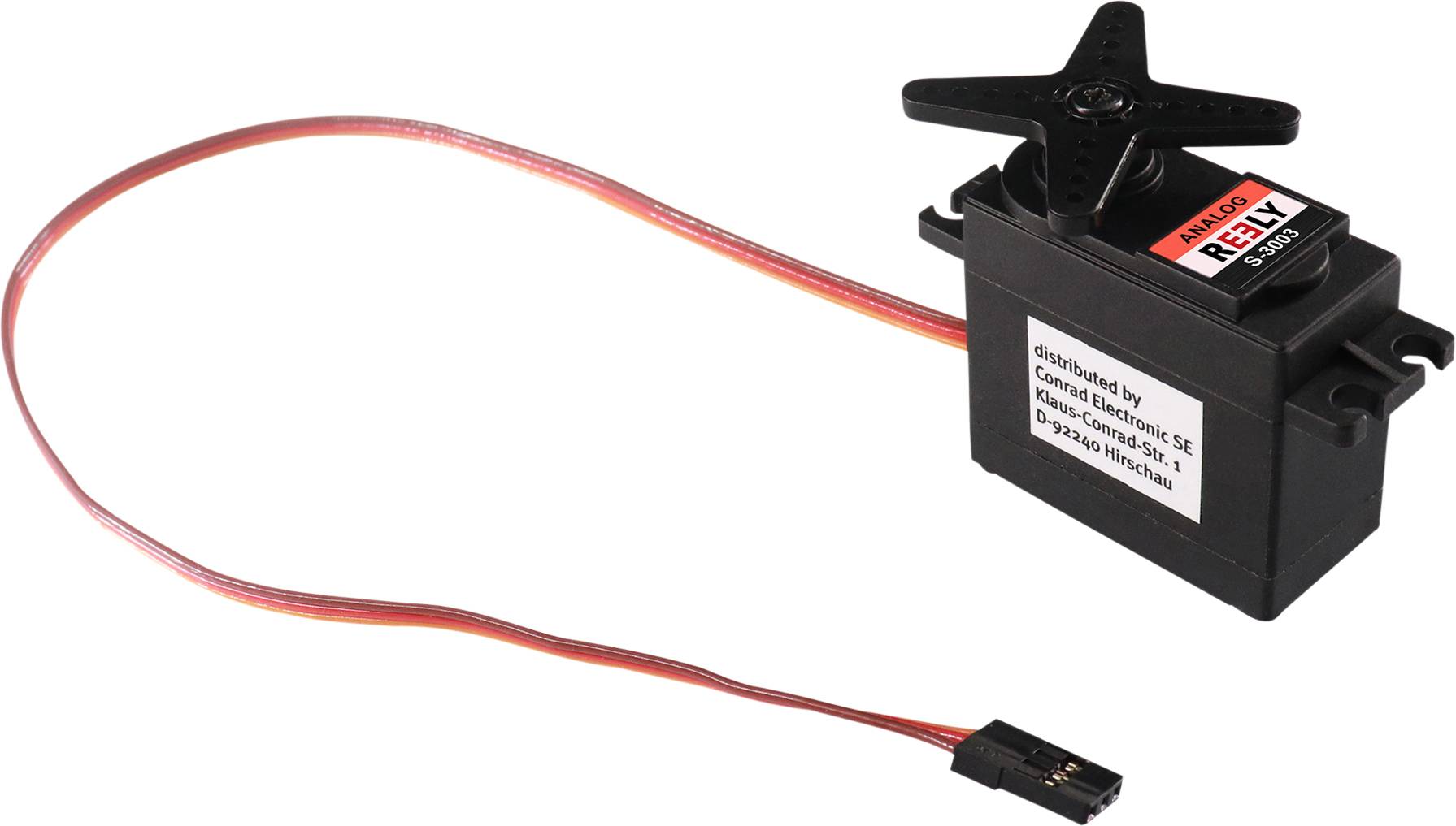 A black servo motor module with a cross-shaped rudder and a red and white connection cable for electronic projects.