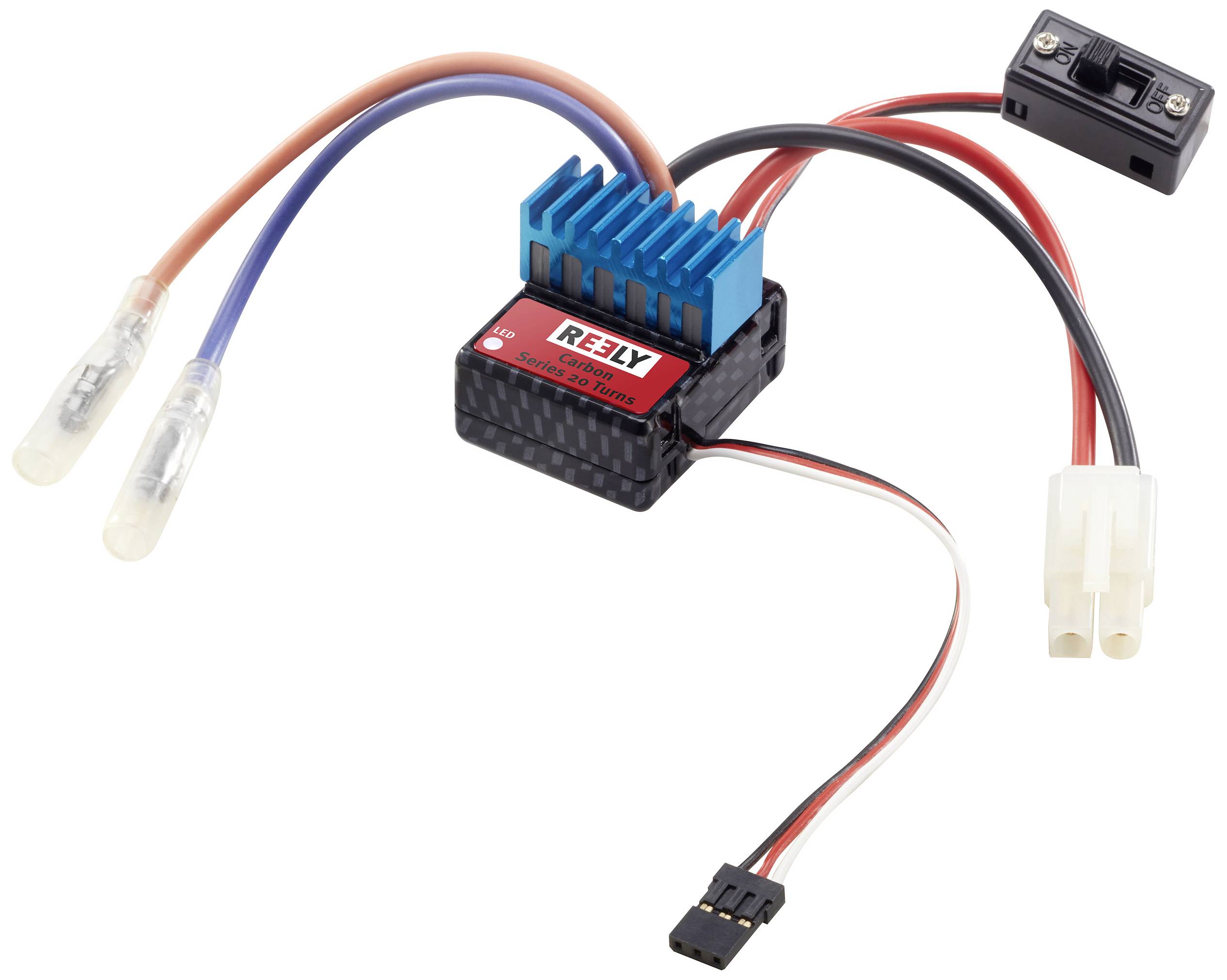 Electronic control with heat sink, cables and connectors for RC vehicles, enabling speed and direction control.