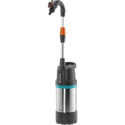 Metal and plastic submersible pump with adjustable handle and two outlets at the top. Brand name visible on the upper part of the pump.