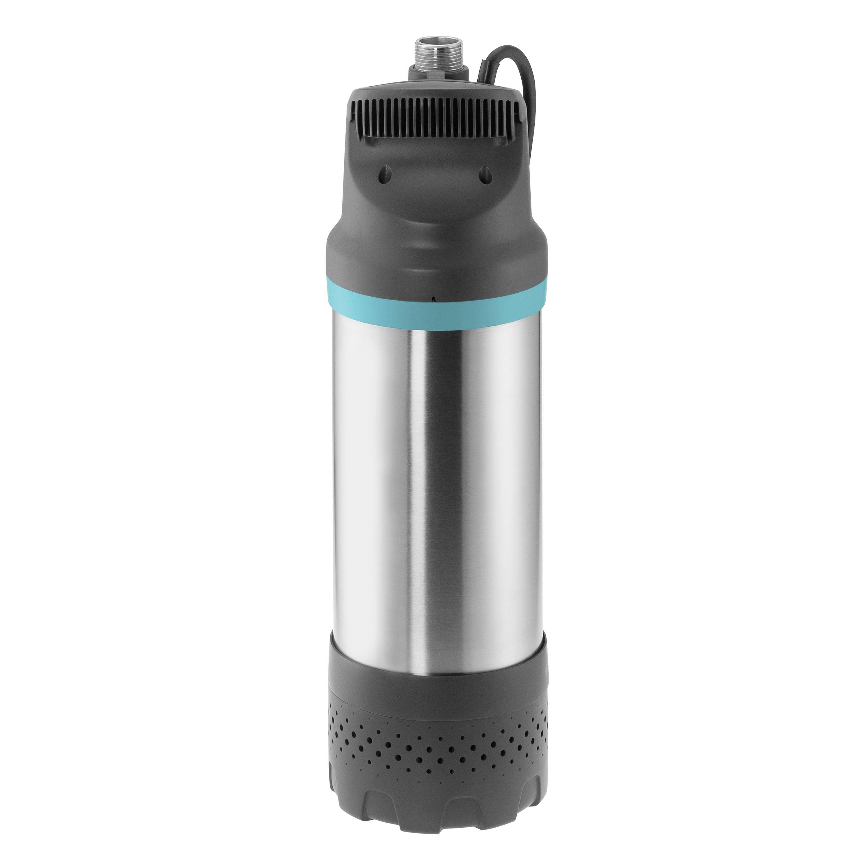 A cylindrical, stainless-steel submersible water pump with a black top and bottom, designed for efficient water extraction.