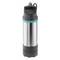 A cylindrical, stainless-steel submersible water pump with a black top and bottom, designed for efficient water extraction.