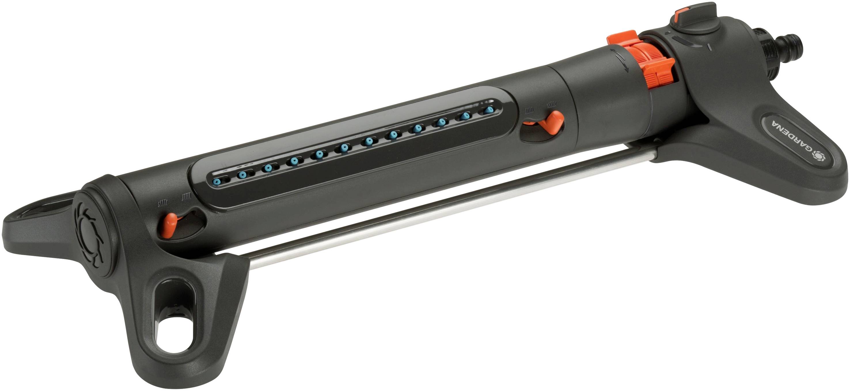 A black lawn sprinkler with multiple nozzles directing water in different directions, suitable for even irrigation.