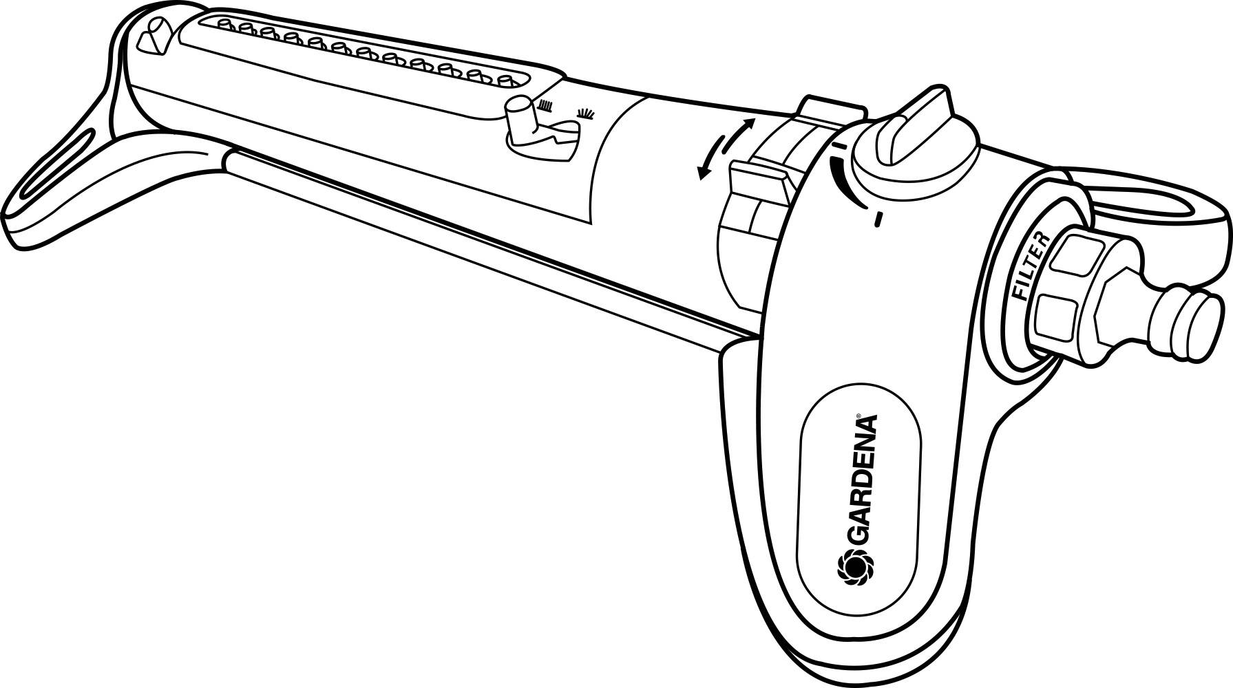 A Gardena irrigation sprinkler with adjustable nozzle and filter, suitable for even lawn watering.