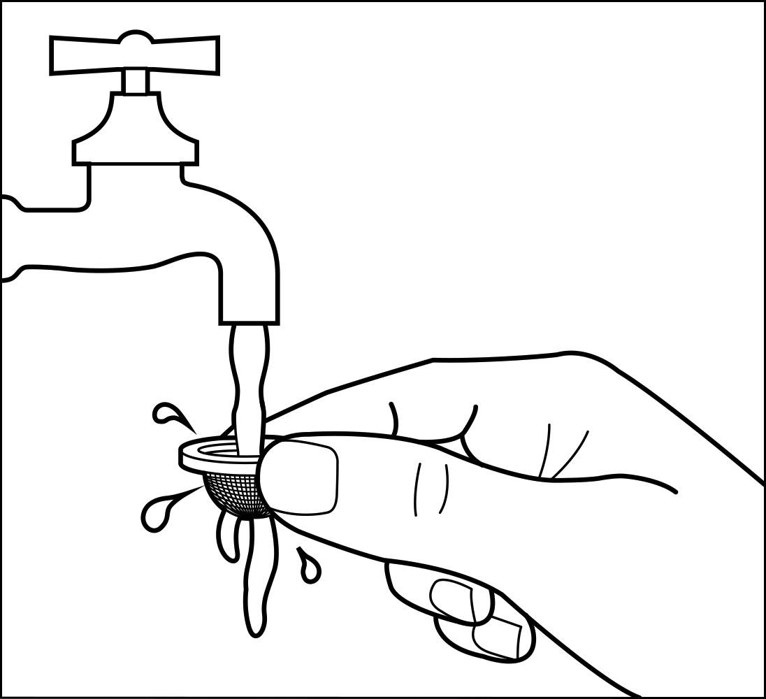A hand washes a small object under a running tap.