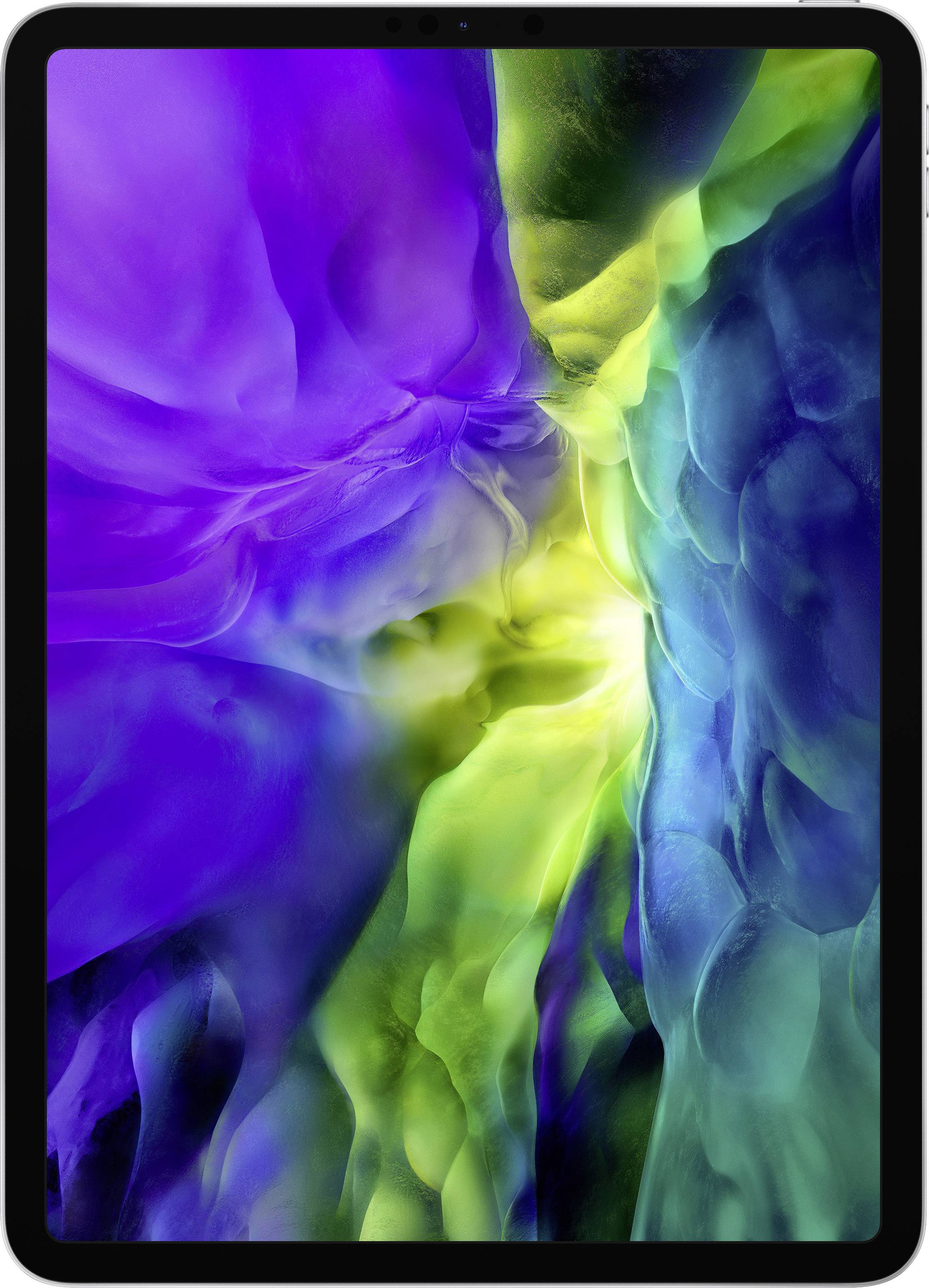 A tablet with a colourful, abstract background of violet, blue, and green tones blending seamlessly into one another.