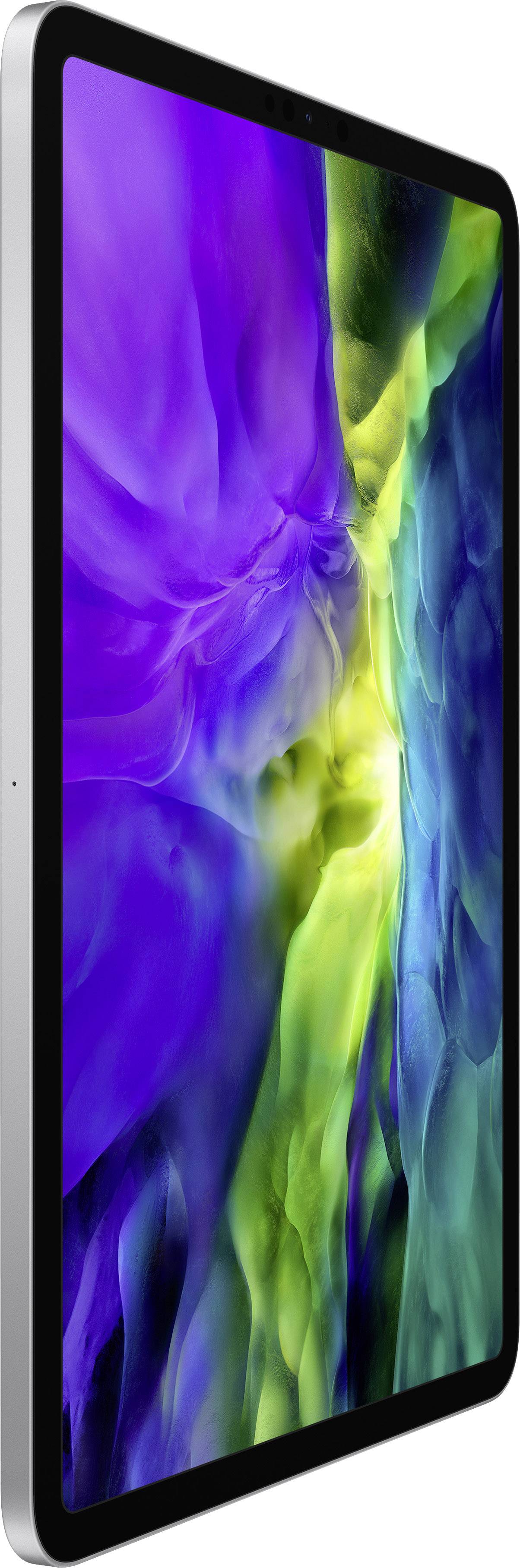 A tablet with a black frame and a vibrant display showing purple and green abstract shapes.